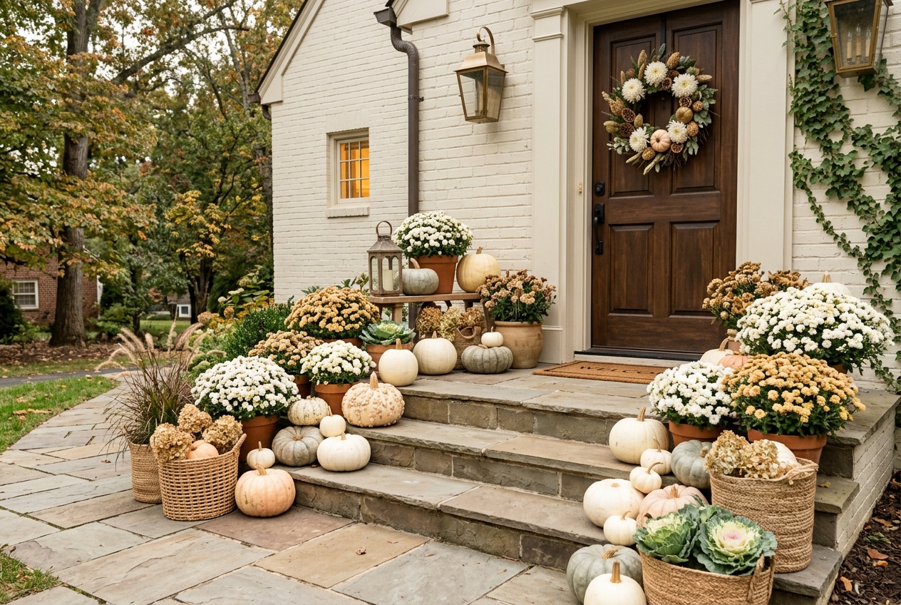 57 Top Outdoor Halloween Decoration Ideas for 2024 40 Front steps decorated with pumpkins and mums
