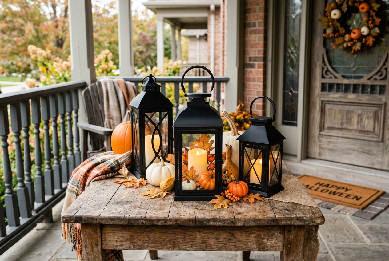 57 Top Outdoor Halloween Decoration Ideas for 2024 41 Black Halloween lanterns on a wood table on a front porch