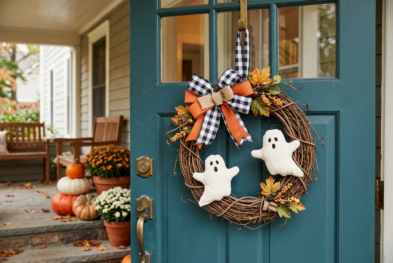 57 Top Outdoor Halloween Decoration Ideas for 2024 42 Halloween wreath with bow and ghosts on a front door