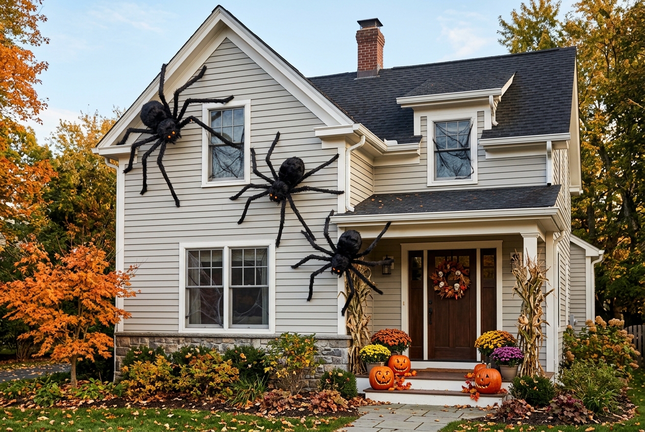 57 Top Outdoor Halloween Decoration Ideas for 2024 43 Large spiders on a house facade