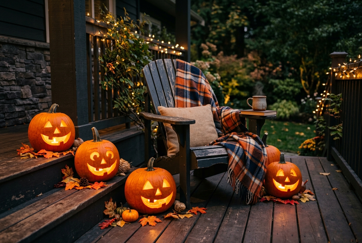 57 Top Outdoor Halloween Decoration Ideas for 2024 44 Jack O'Lanterns lit up at night around an Adirondack chair