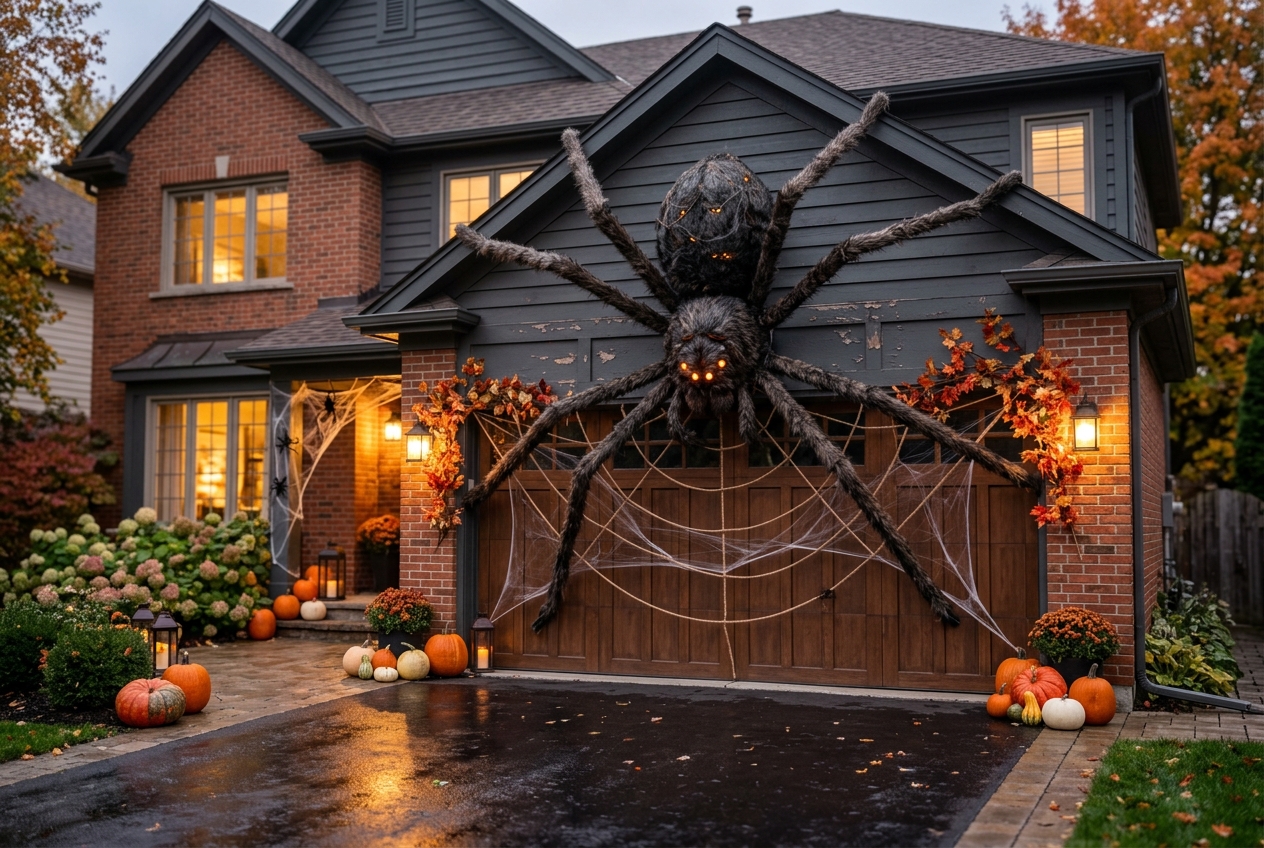 57 Top Outdoor Halloween Decoration Ideas for 2024 45 Big spider decoration on garage facade