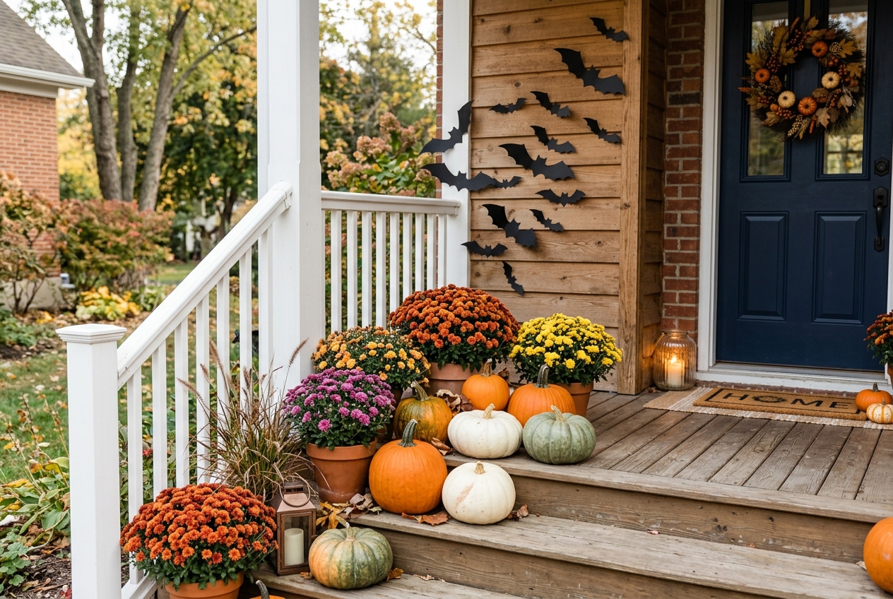 57 Top Outdoor Halloween Decoration Ideas for 2024 46 Front steps decorated with pumpkins, mums and bats