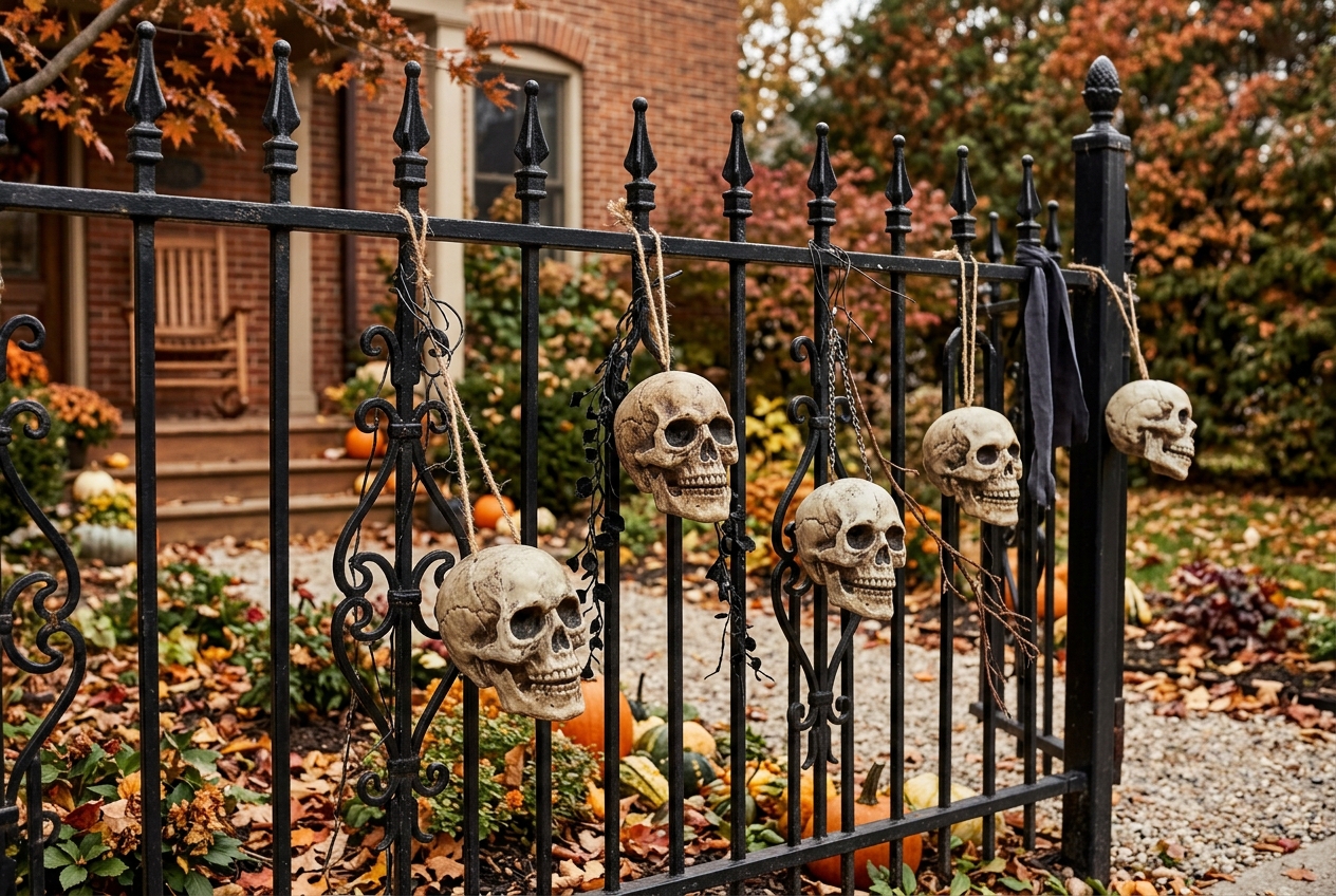 57 Top Outdoor Halloween Decoration Ideas for 2024 47 Halloween decor hanging on a black metal fence