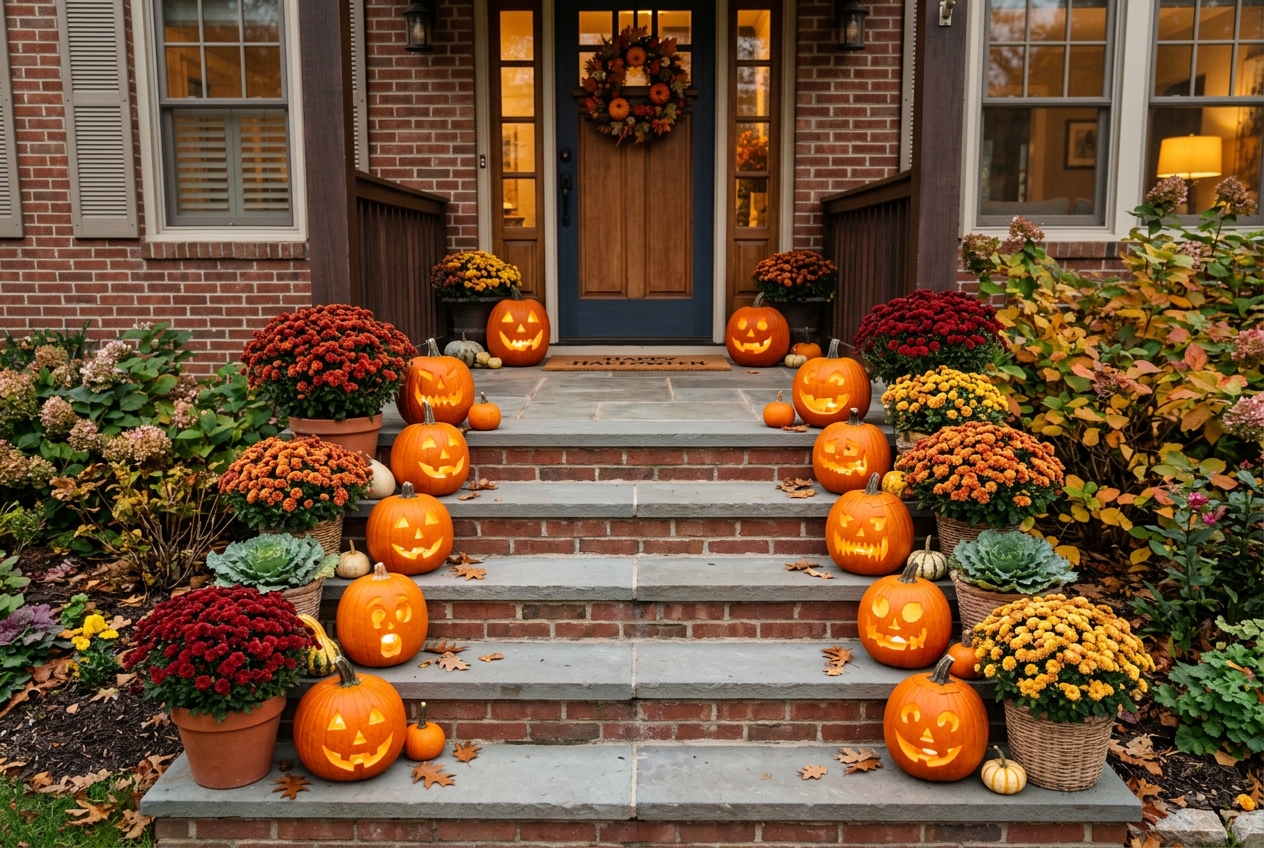 57 Top Outdoor Halloween Decoration Ideas for 2024 48 Front steps decorated with pumpkins and mums