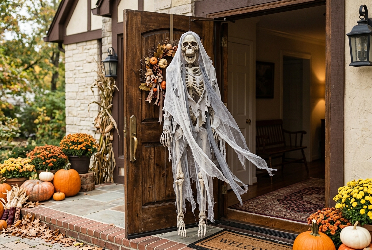 57 Top Outdoor Halloween Decoration Ideas for 2024 49 hanging ghost in door way