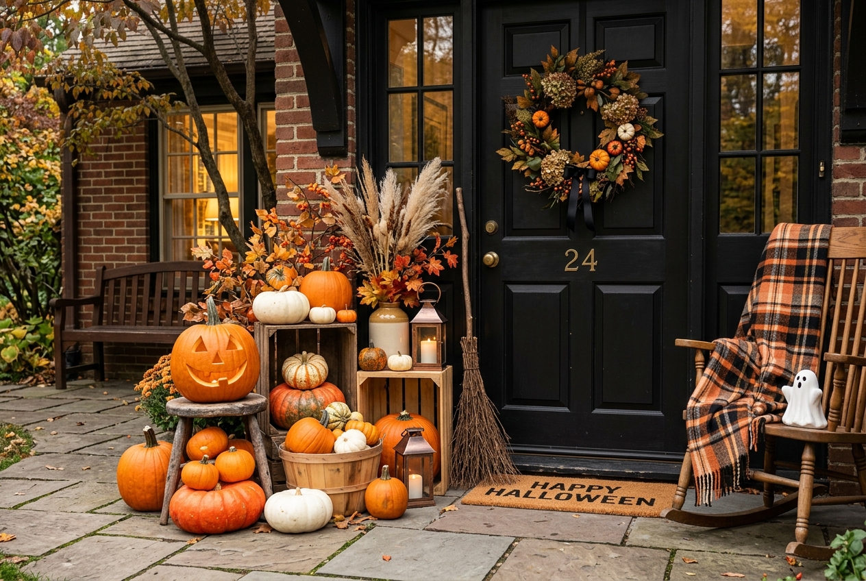 57 Top Outdoor Halloween Decoration Ideas for 2024 50 Halloween vignette next to a black front door