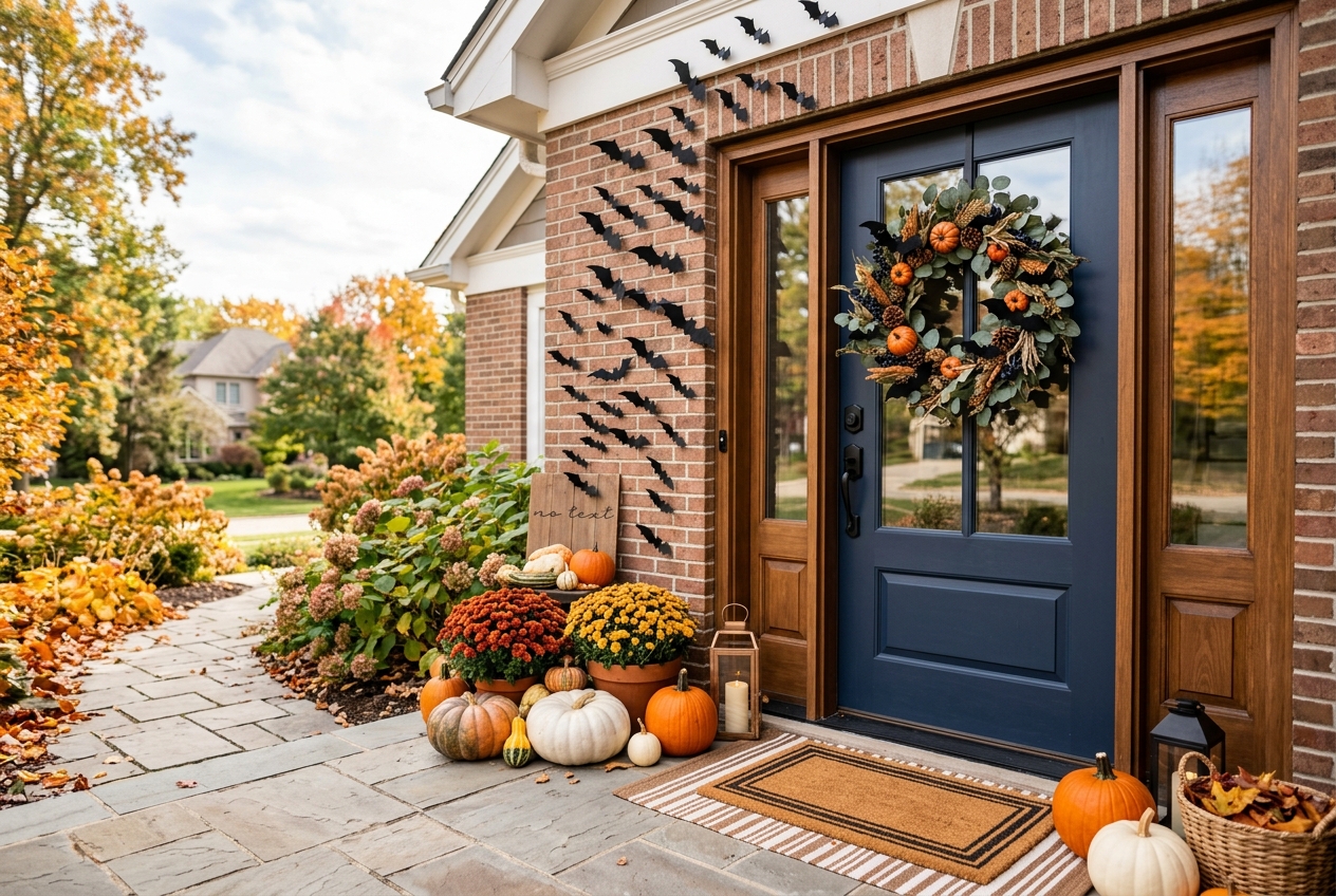 57 Top Outdoor Halloween Decoration Ideas for 2024 51 Front door with wreath, bats and fall decor in front of it