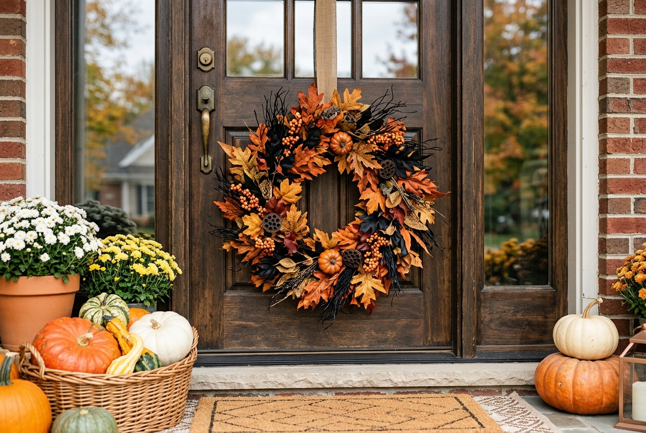 57 Top Outdoor Halloween Decoration Ideas for 2024 52 Black and orange leaf wreath on front door