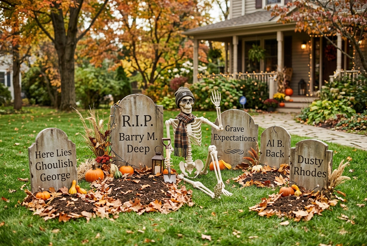 57 Top Outdoor Halloween Decoration Ideas for 2024 53 Skeleton and graves on a green lawn