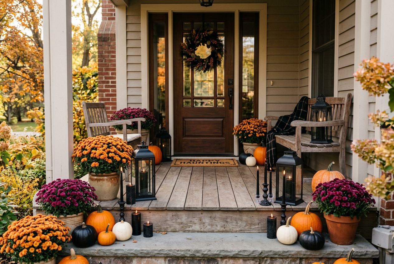 57 Top Outdoor Halloween Decoration Ideas for 2024 54 Porch decorated with candles, pumpkins and mums