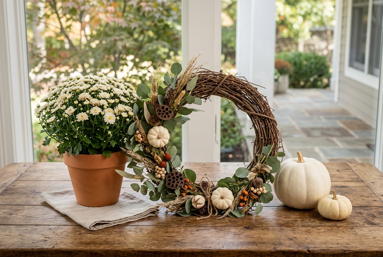 57 Top Outdoor Halloween Decoration Ideas for 2024 55 Wreath with pumpkins and a mum and white pumpkin on a wood table