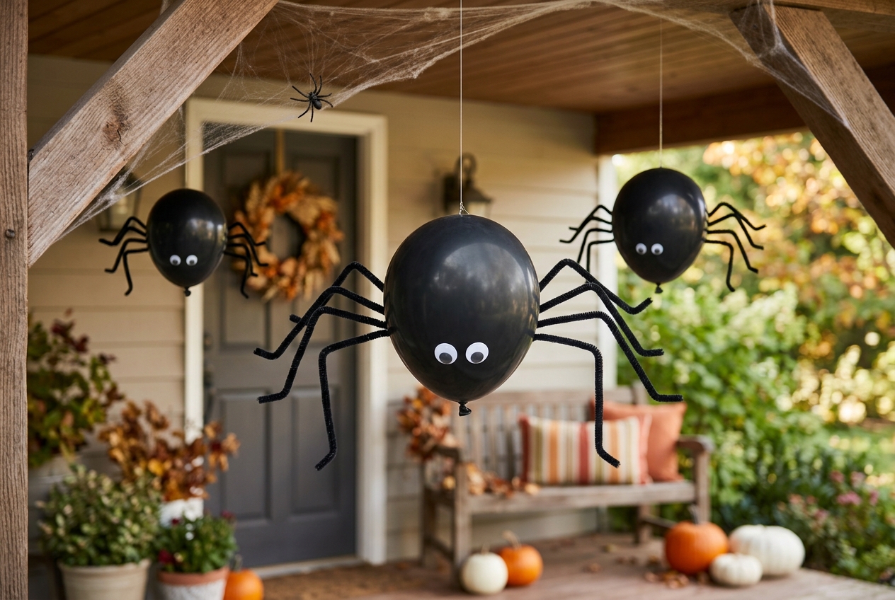 57 Top Outdoor Halloween Decoration Ideas for 2024 58 DIY hanging spider balloons