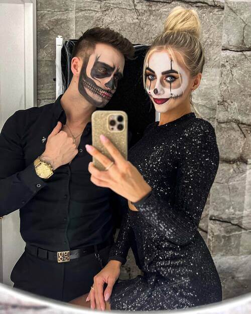 Simple black and white skeleton face paint couple costume Halloween