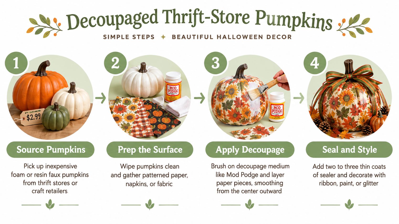 A four-step infographic showing how to create beautiful DIY decoupaged pumpkins for Halloween home decor projects.