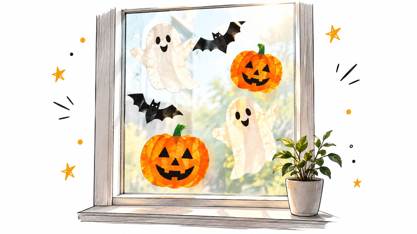 Homemade Halloween paper decorations like ghosts, pumpkins, and bats displayed on a sunny window.