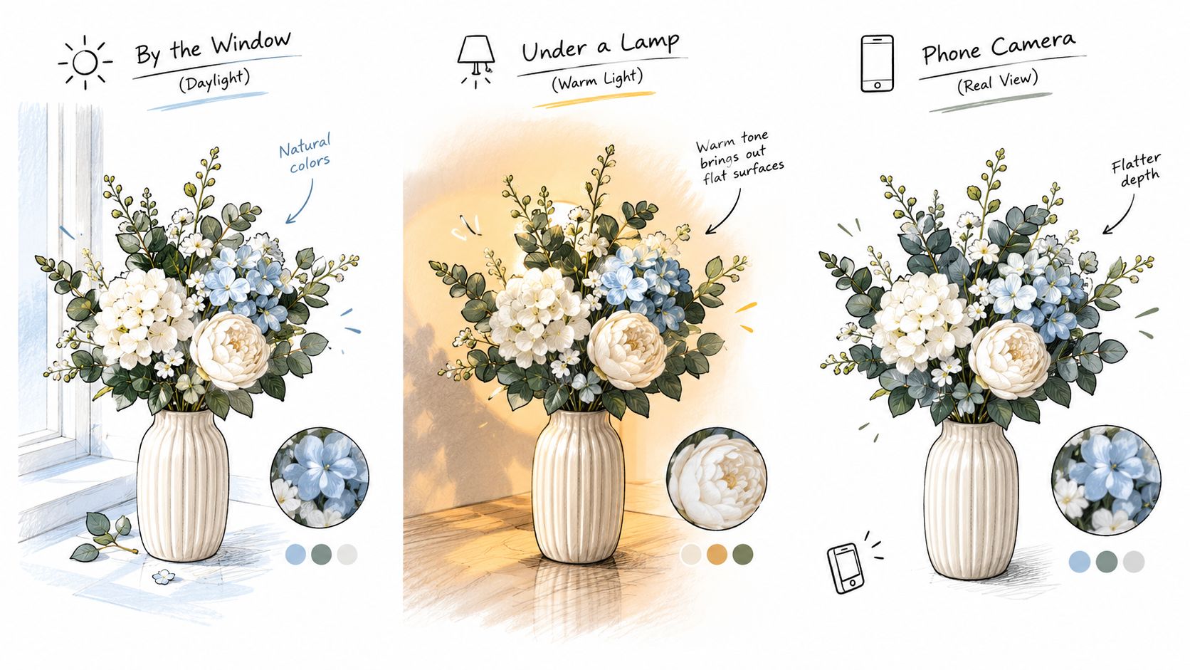 How to Make Faux Flowers Look Real at Home 5 An illustration comparing the appearance of a floral arrangement under daylight, warm lamp light, and phone camera.