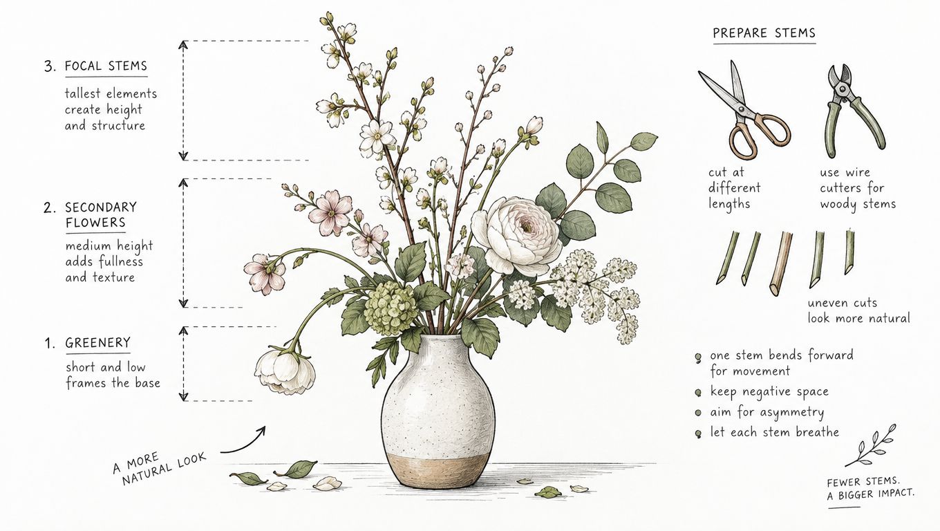How to Make Faux Flowers Look Real at Home 4 A detailed instructional illustration showing the step-by-step guide to arranging flowers for a natural look.