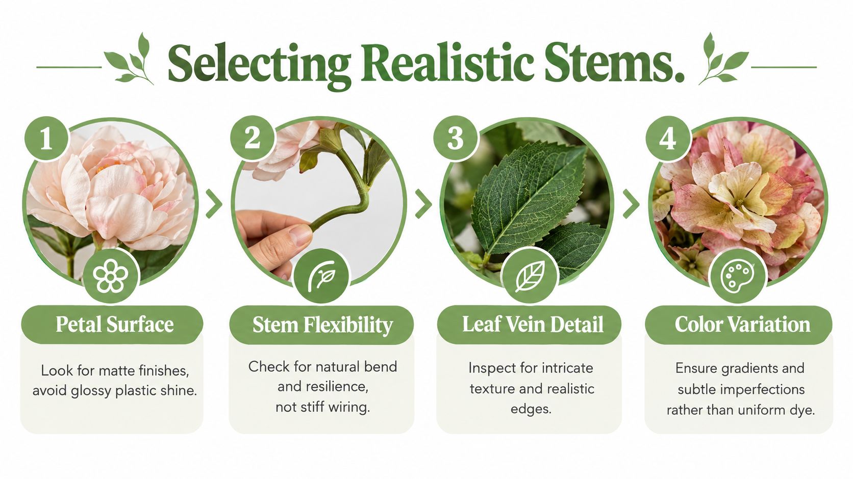 How to Make Faux Flowers Look Real at Home 3 An infographic showing four key steps for choosing realistic artificial flowers based on petals, stems, and leaves.