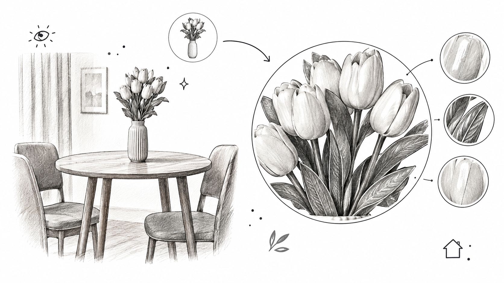 How to Make Faux Flowers Look Real at Home 2 A pencil sketch of tulips in a vase on a dining table with zoomed-in detailed texture highlights.