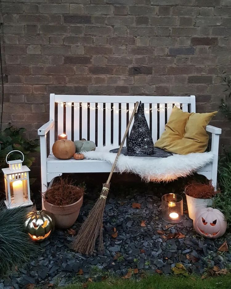 Bench with broom and witch hat
