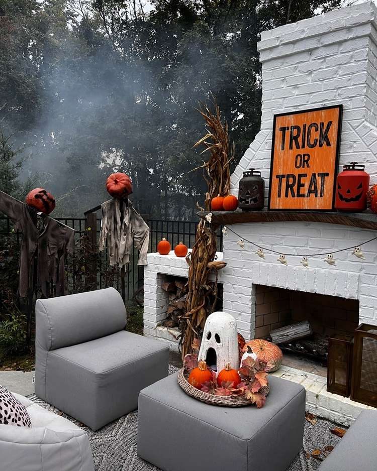 Halloween-inspired outdoor fireplace area