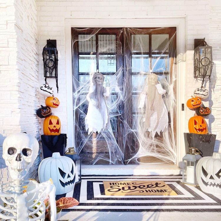 Front door decorated for Halloween