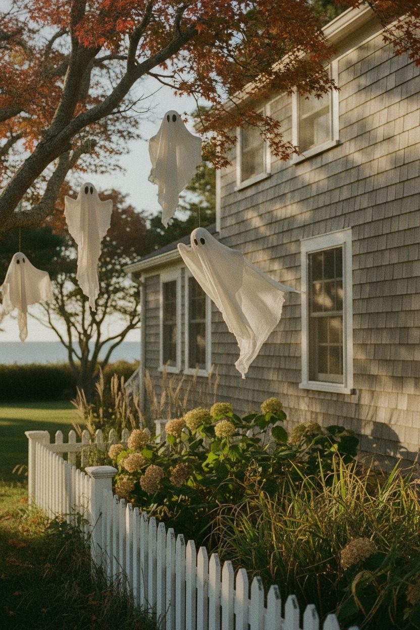 White cloth ghost and two orange pumpkins in a backyard corner