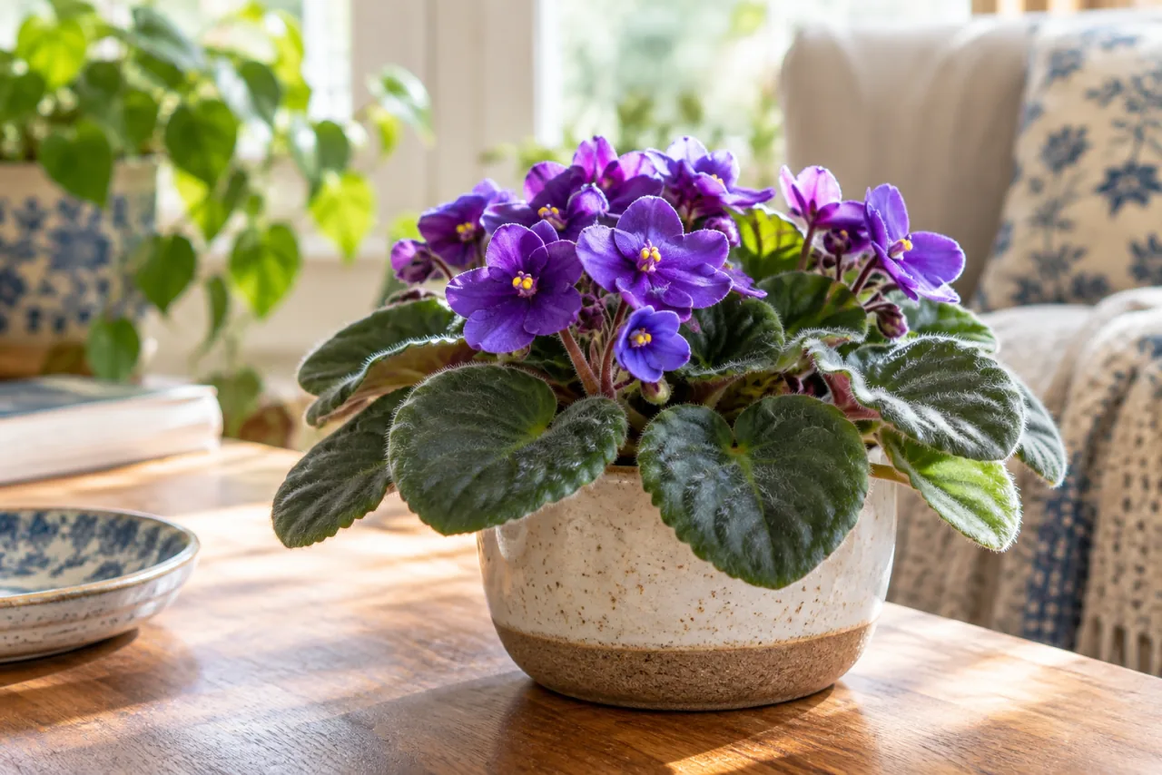 Blooming African violet with purple flowers and fuzzy rounded leaves in a small pot on an indoor table