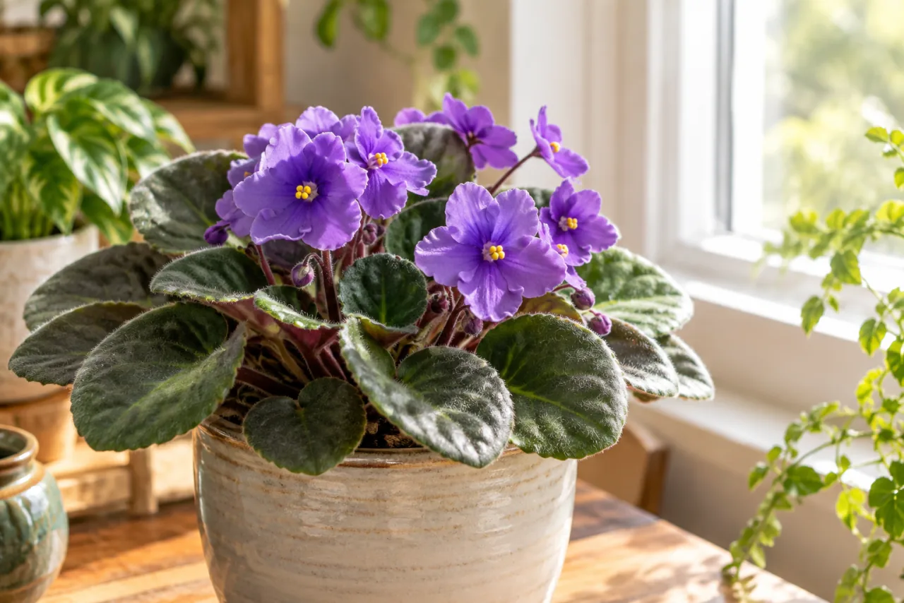 African violet beside a bright window with diffused indirect sunlight, fuzzy rounded leaves and delicate purple blooms