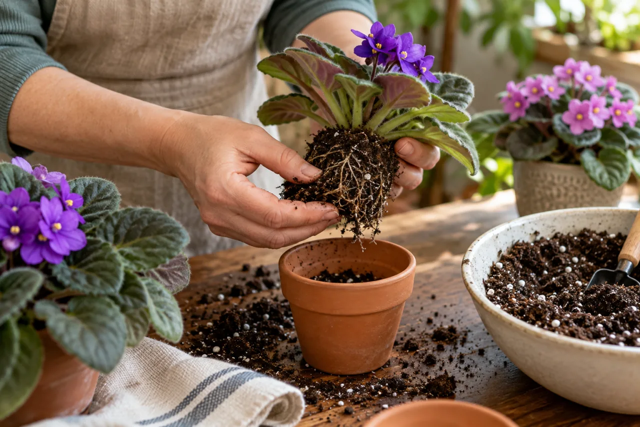 African violet transplant scene with a small pot and loose airy potting mix, shallow fibrous roots handled gently
