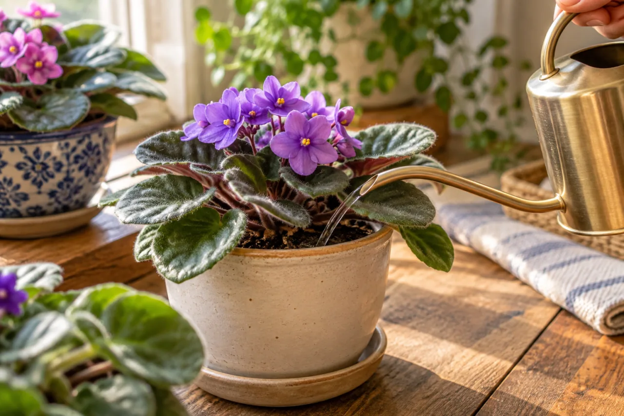 African violet being watered gently at soil level with a narrow spout, fuzzy leaves kept dry
