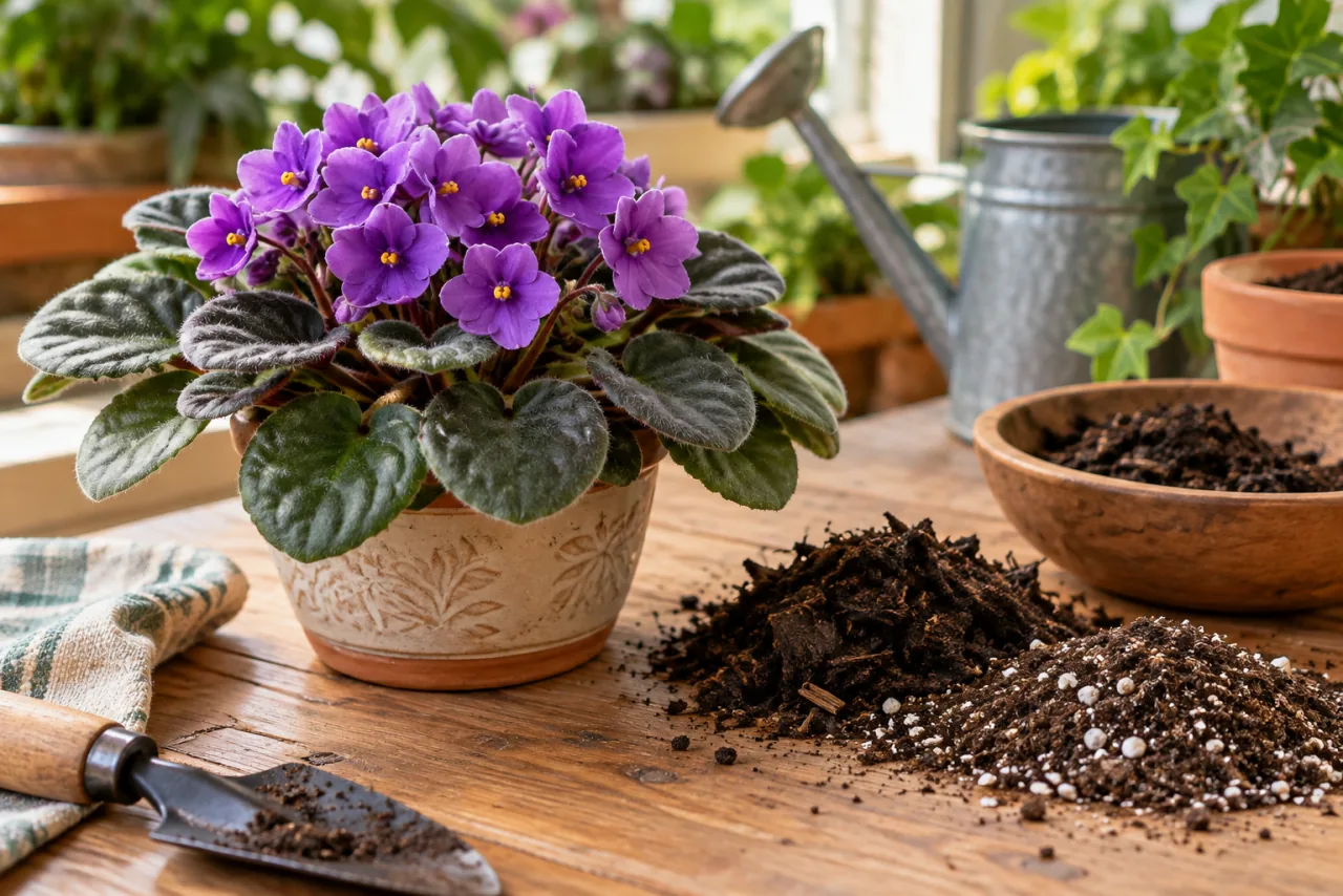 Healthy African violet next to a small amount of mature compost and loose potting mix on a gardening table, no chemical bottles