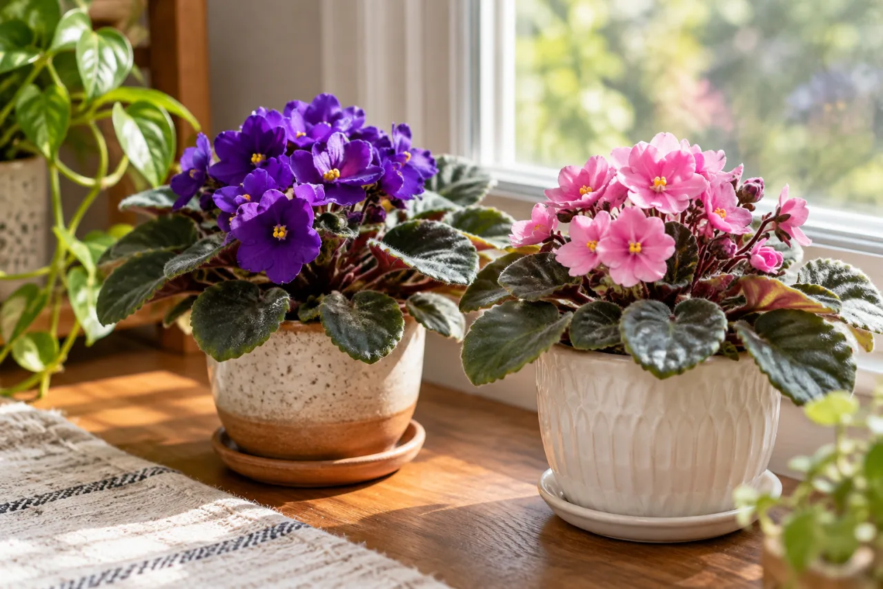 Two blooming African violet plants in small pots beside a naturally bright window, purple and pink flowers