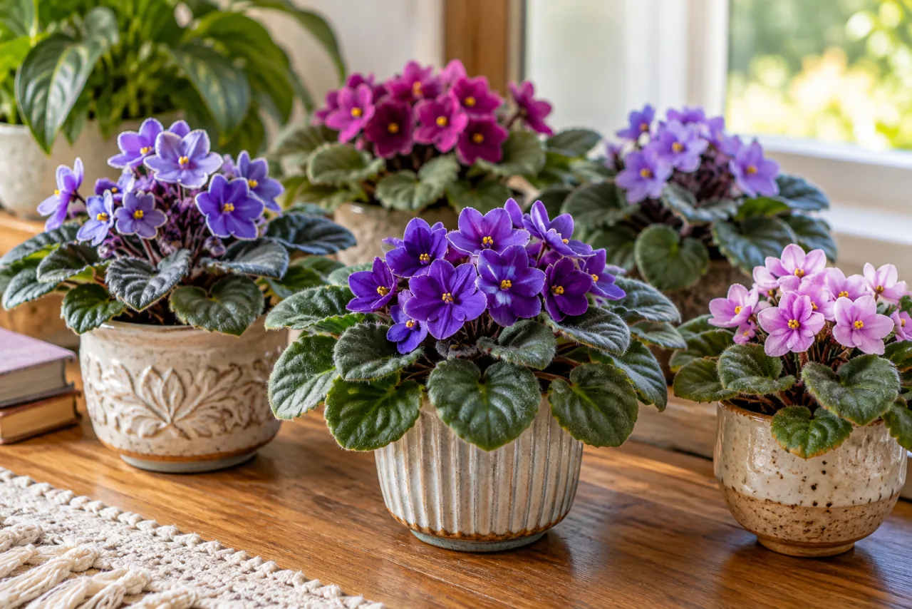 Beautiful compact African violet collection with velvet-textured rounded foliage and naturally spaced purple flowers