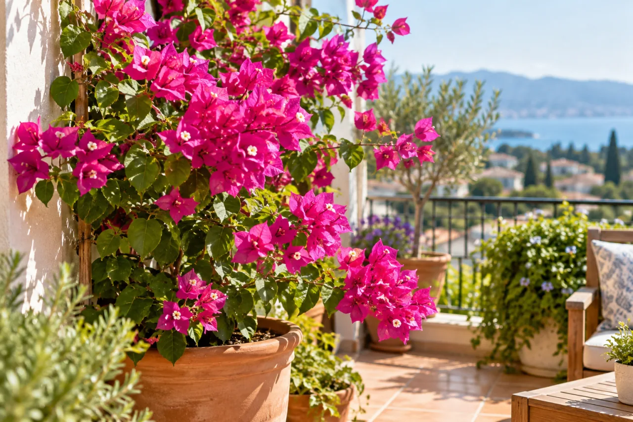 Flowering magenta bougainvillea in a sunny balcony container, correct papery bracts and natural green leaves