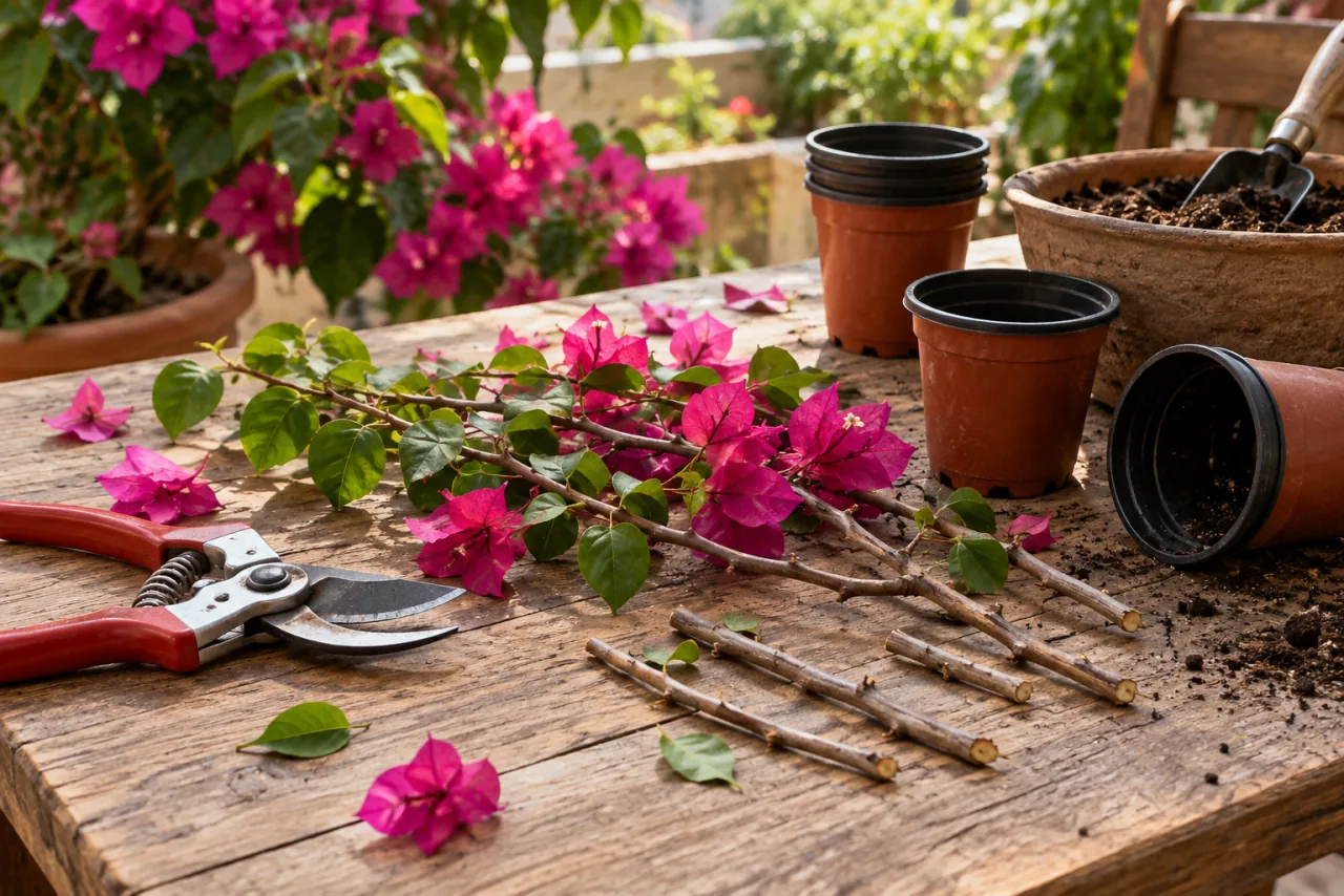 Bougainvillea propagation preparation on a workbench: clean pruning shears, a few woody stem cuttings and small empty nursery pots