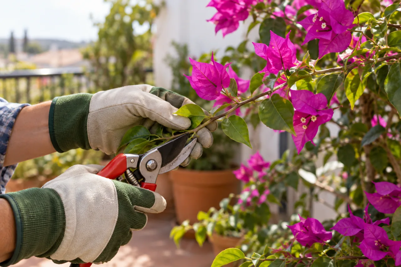 Close view of gloved hands holding clean pruning shears beside a healthy bougainvillea stem to take a cutting, realistic hand anatomy