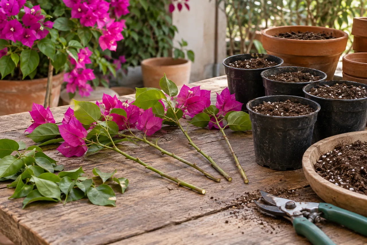 Fresh bougainvillea stem cuttings with lower leaves removed and small nursery pots with loose potting mix on a workbench