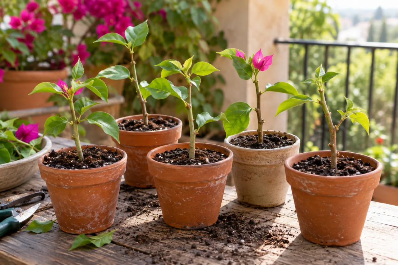 Several bougainvillea cuttings planted upright in individual small pots, visible green upper leaves and moist airy soil