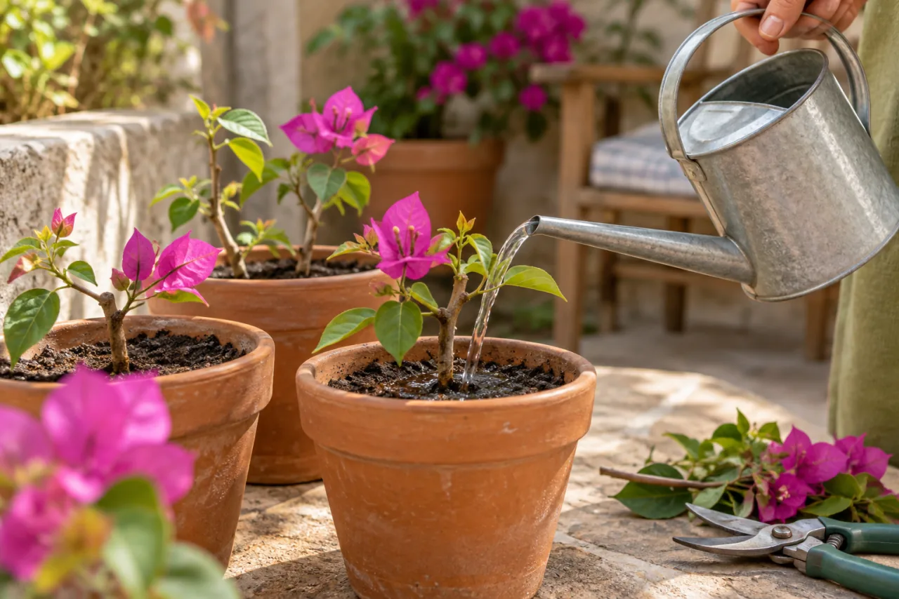 Careful watering of small newly planted bougainvillea cuttings at soil level using a narrow-spout watering can
