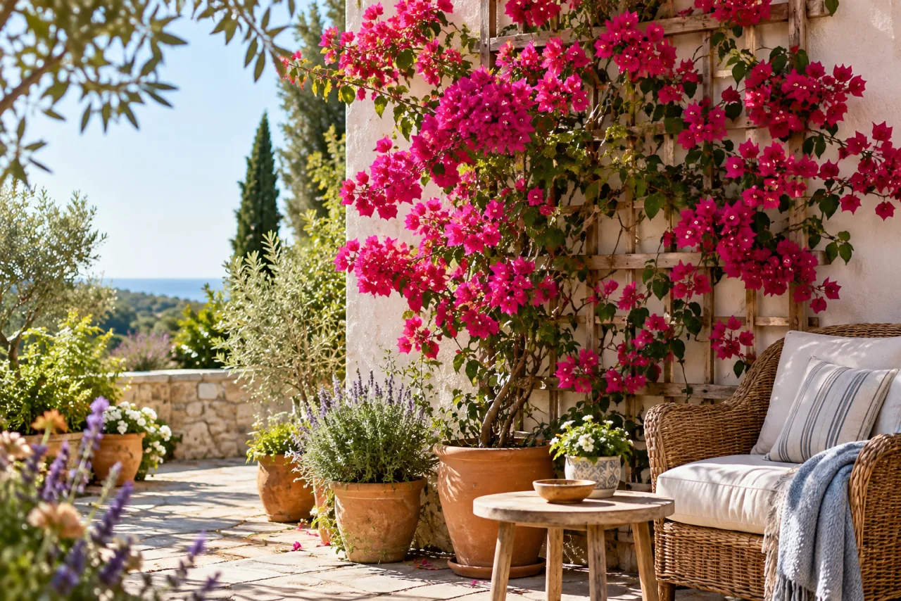 Sunlit garden patio with flowering bougainvillea climbing a simple trellis beside a comfortable seat