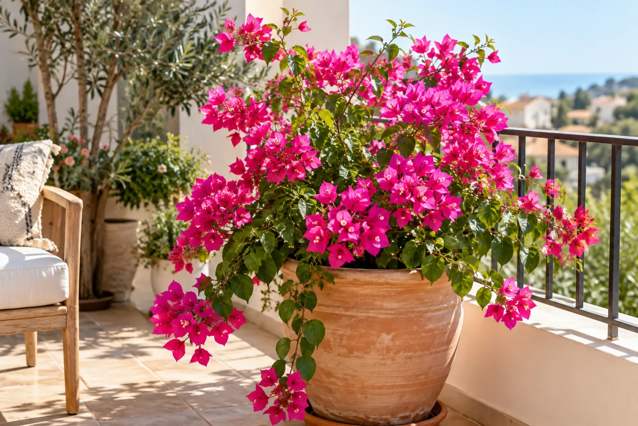 Healthy flowering bougainvillea container on a bright balcony, glossy green foliage and rich pink papery bracts