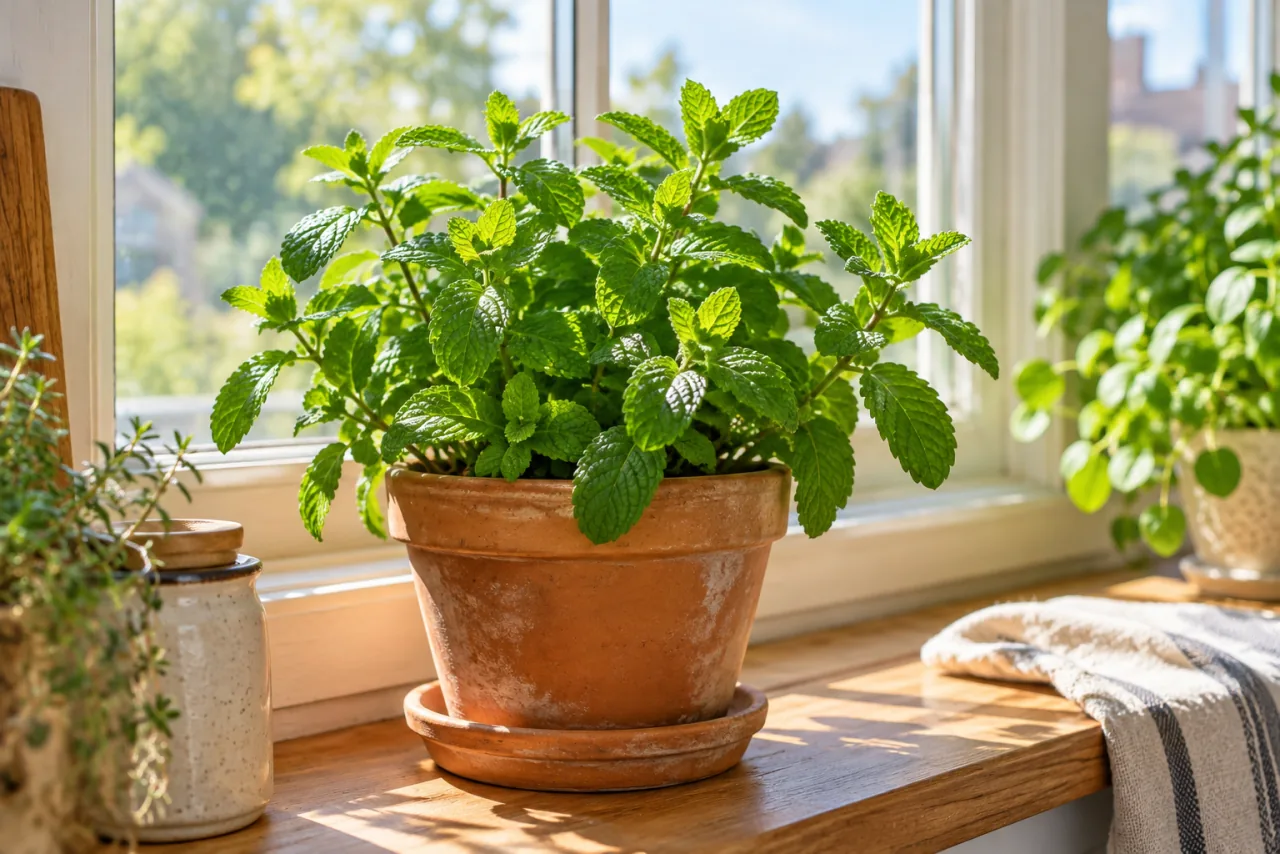Discover how to plant mint in a pot and fill your home with its fresh and relaxing aroma 1 Lush fresh spearmint plant with correctly serrated mint leaves in a terracotta pot on a sunny windowsill