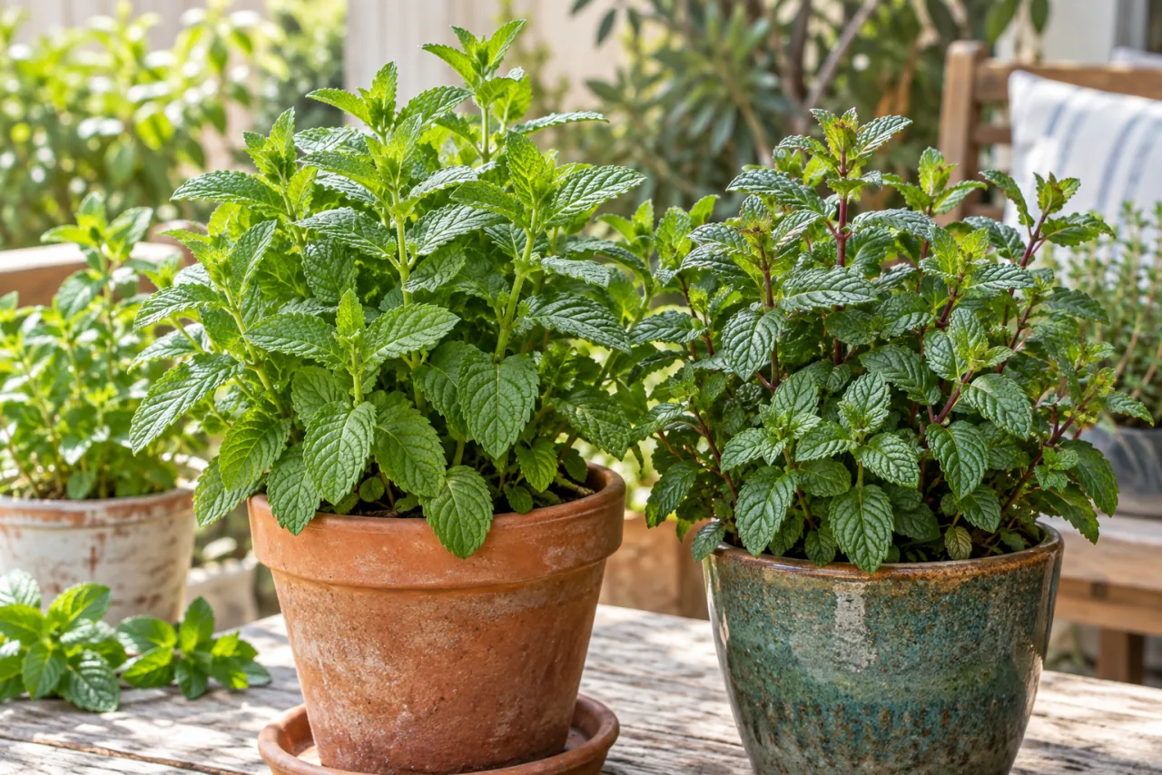 Discover how to plant mint in a pot and fill your home with its fresh and relaxing aroma 2 Several clearly recognizable healthy mint plants in pots, spearmint and peppermint with distinct leaf texture