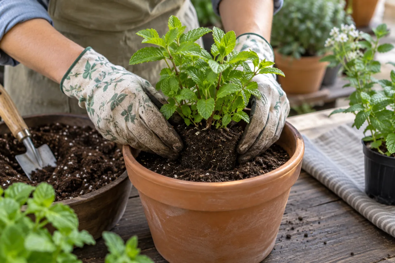 Discover how to plant mint in a pot and fill your home with its fresh and relaxing aroma 3 Close view of gloved hands planting a small mint seedling into a pot with loose potting mix