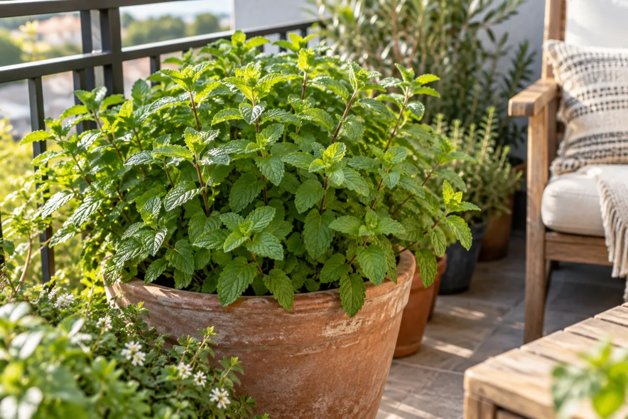 Discover how to plant mint in a pot and fill your home with its fresh and relaxing aroma 4 Healthy compact mint bush contained within its own large pot, dense fragrant leaves on a balcony