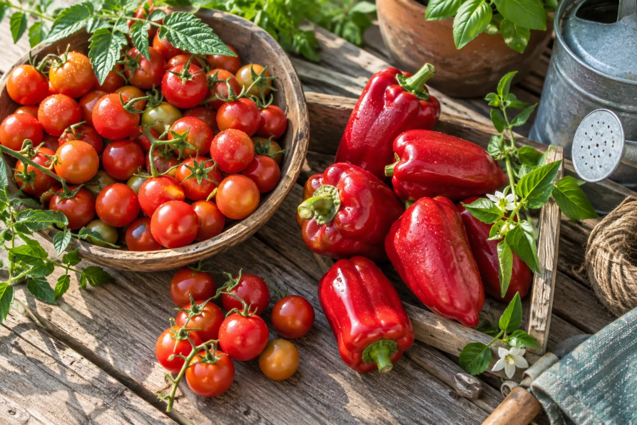 Never Plant Tomatoes, Peppers, and Eggplants Without This: The Secret to Healthy and Productive Plants 1 Overhead still life of fresh cherry tomatoes and red sweet peppers on a rustic garden table