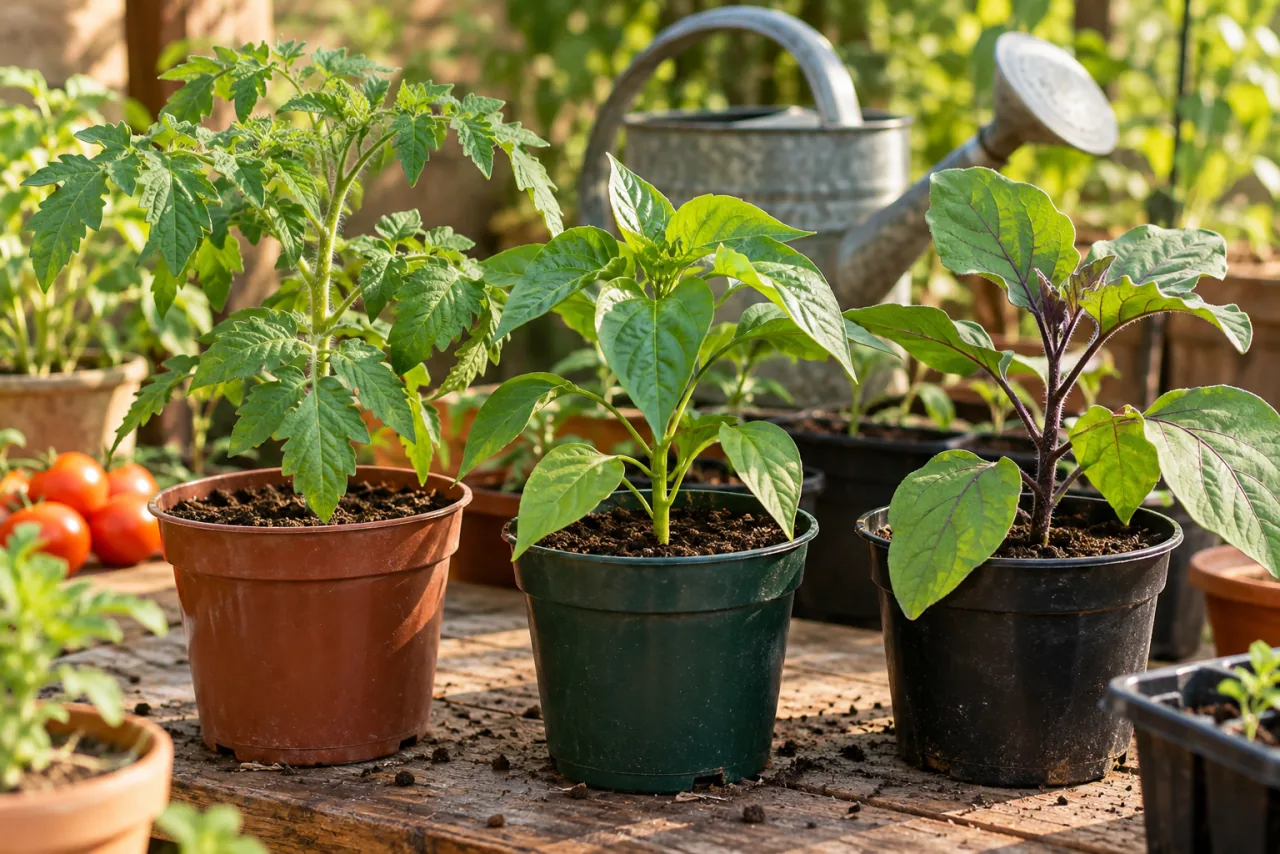 Never Plant Tomatoes, Peppers, and Eggplants Without This: The Secret to Healthy and Productive Plants 2 Healthy tomato, pepper and eggplant seedlings growing together in separate nursery pots, fresh leaves and rich soil