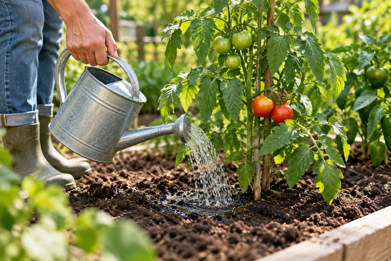 Never Plant Tomatoes, Peppers, and Eggplants Without This: The Secret to Healthy and Productive Plants 3 Close view of a gardener watering the soil around a healthy tomato plant with plain water from a small watering can